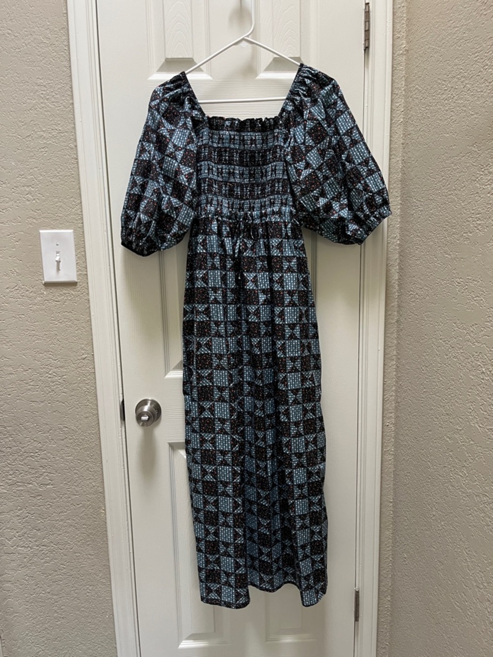 Christy Dawn Katrina blue Smocked Square-Neck dress - Star quilt slate - medium
